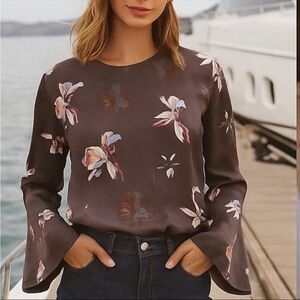 Banana Republic Blouse Grey Floral Lined Long Flared at Cuff Sleeves Large Tall